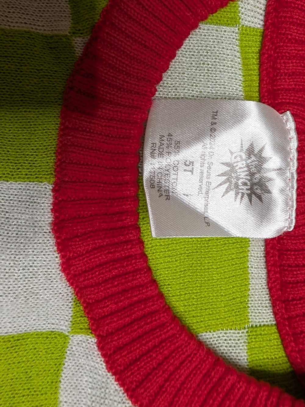 The Grinch Checkerboard Kids Sweater - Green & White with Red Trim - Picture 2 of 2